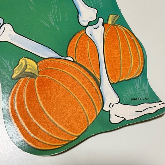 Vintage Eureka Halloween Skeleton Pumpkin Flocked Fuzzy Double Sided Die Cut - Picture 4 of 13